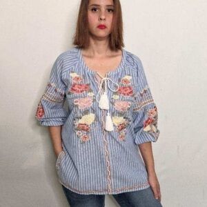 Paparazzi by Biz Embroidered Boho Peasant Top Blue